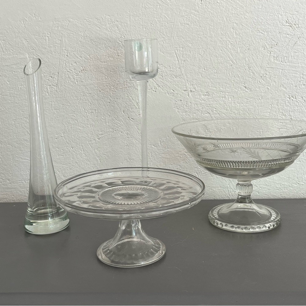 Set of 4 Serveware Glass Cake Platter Footed Bowl Tulip Bottle Candle Holder